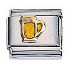 Zoppini glas bier.

Metaal     : staal / 18 karaat goud
Kleur       : geel
model nr. : 302.013
Maten     : 9 mm
Materiaal : staal  ,goud, emaille 